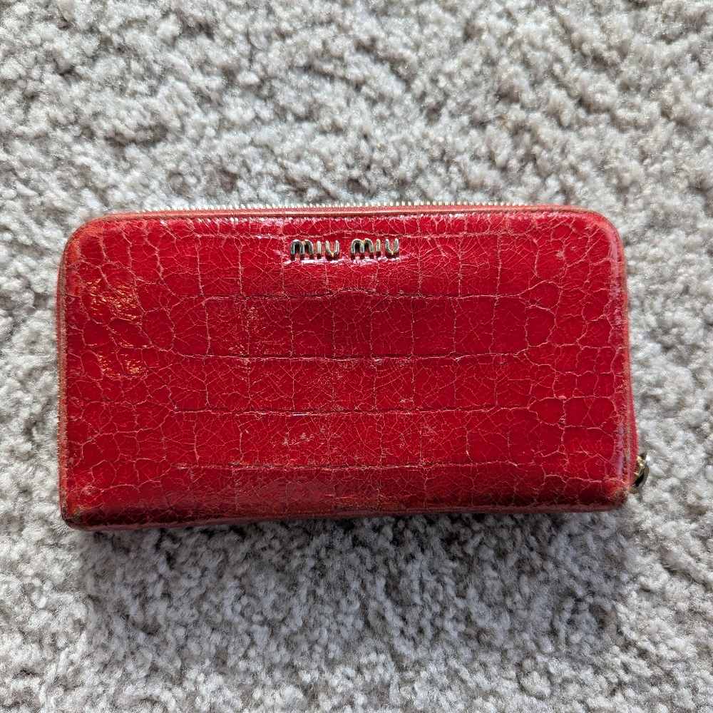 Miu Miu Red Croc Embossed Leather Zip Around Wallet